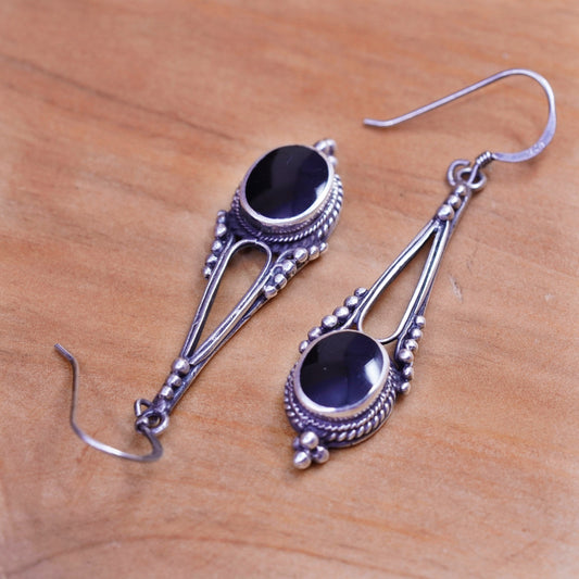 Vintage Sterling silver handmade earrings, Mexico 925 beads with oval obsidian