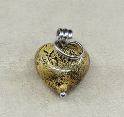 Vintage Sterling Silver Handmade Pendant, Gold Foiled Glass Heart, stamped 925