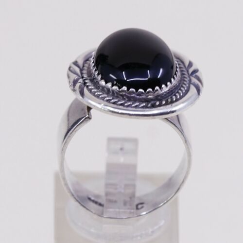 Sz 8, Native American Navajo Sterling 925 Silver Handmade Ring W/ Obsidian