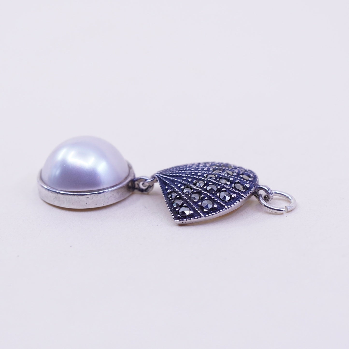 vtg Judith Jack sterling 925 silver handmade teardrop pendant pearl marcasite