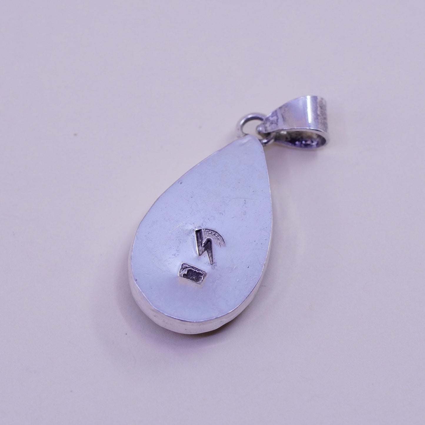 sterling silver handmade pendant, Native American, 925 teardrop fossil coral