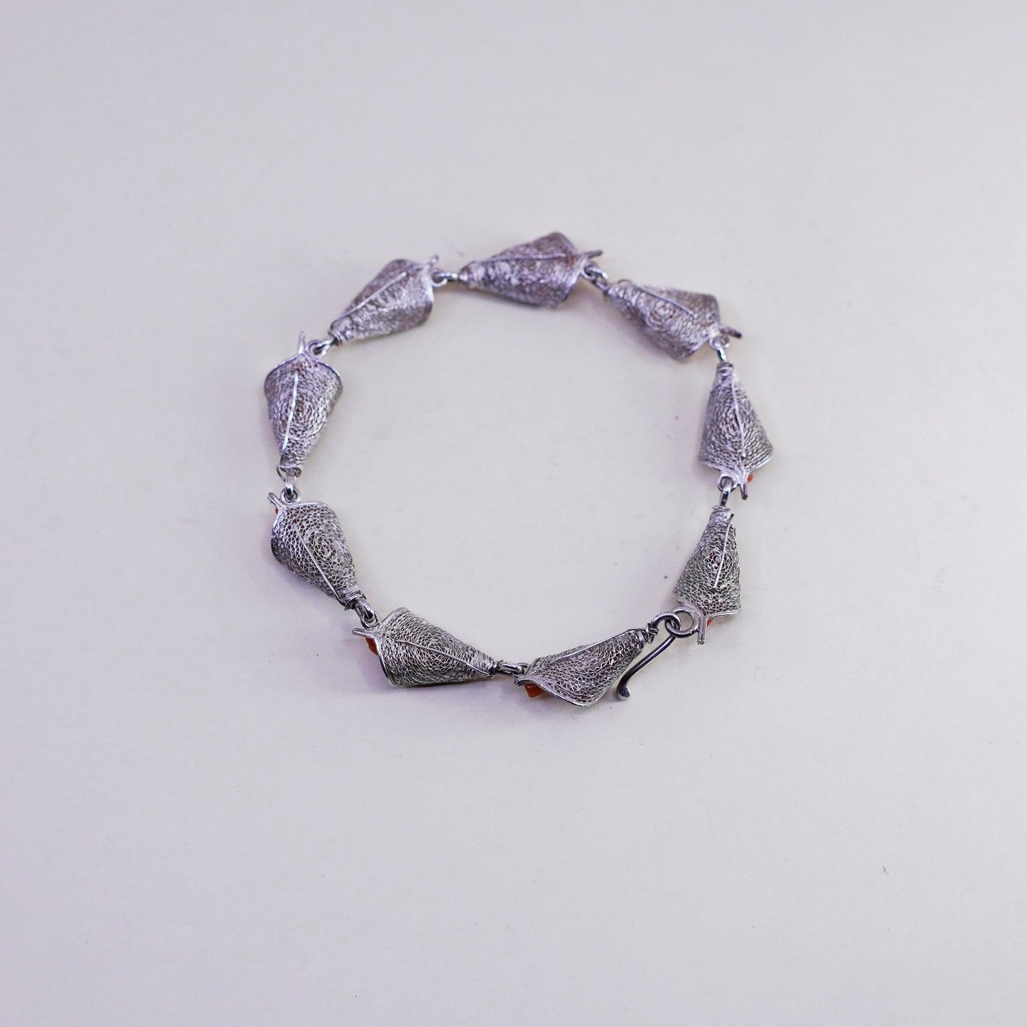 7.25”, sterling silver handmade bracelet, 925 filigree lily flower chain coral