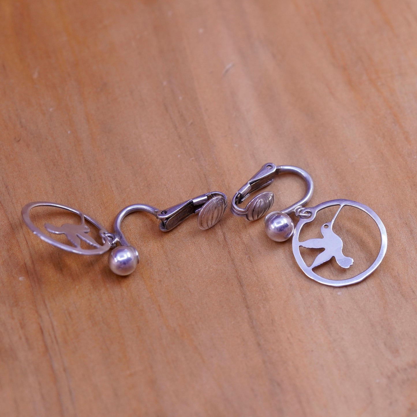 Vintage Sterling silver handmade clip on, 925 hummingbird bird earrings
