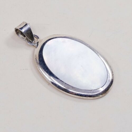 Vtg Sterling Silver Handmade Pendant W/ Oval Mop Inlay, Stamped 925