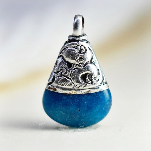 Vintage sterling silver handmade pendant, 925 teardrop with blue crystal