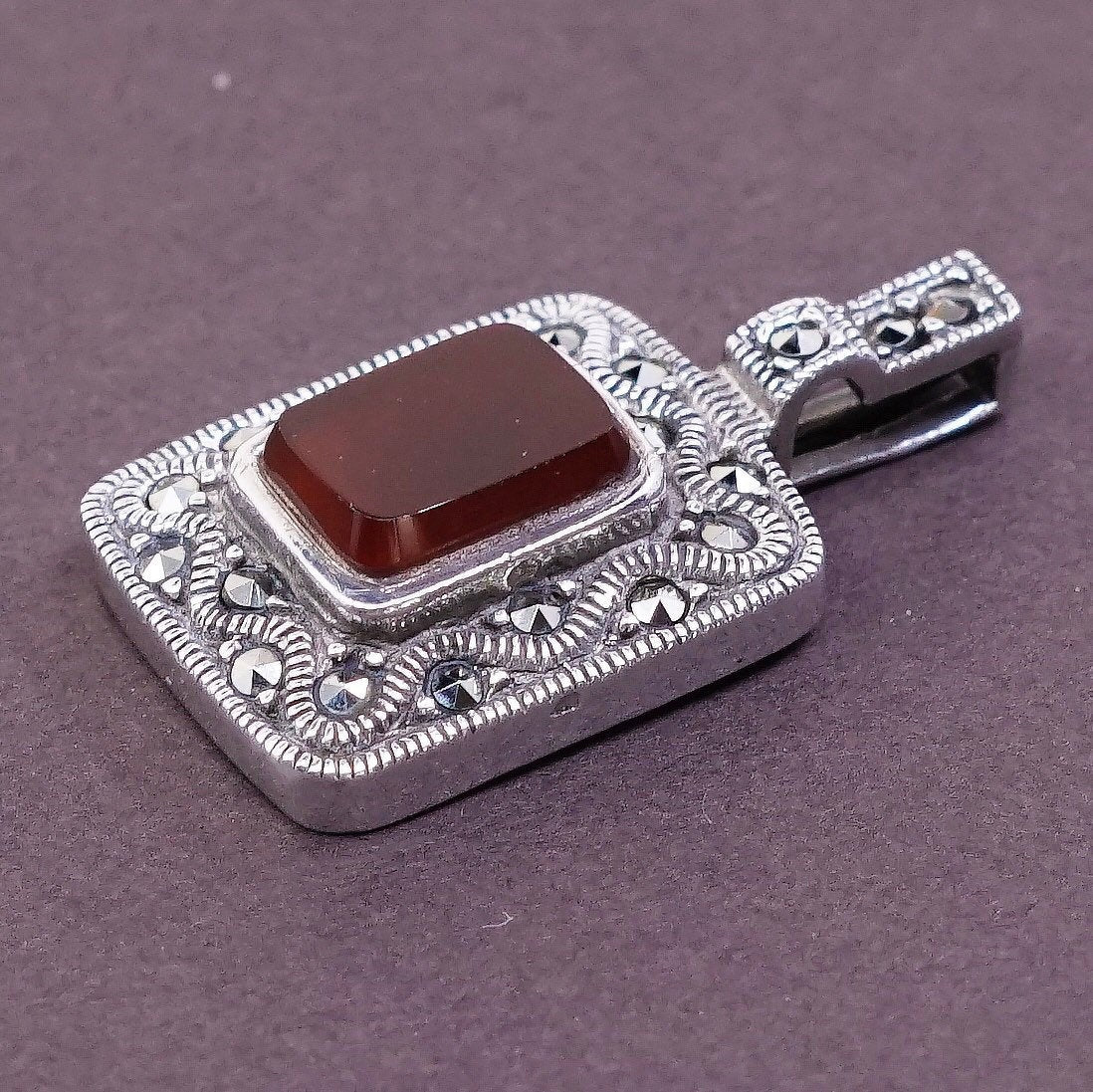 VTG Sterling silver handmade double sided pendant 925 w/ carnelian N marcasite