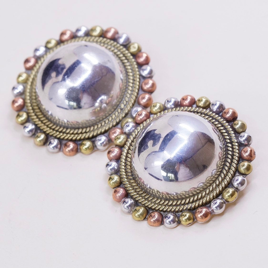 vtg mexico Sterling silver clip on earrings, 925 flower w/ brass and copper beads