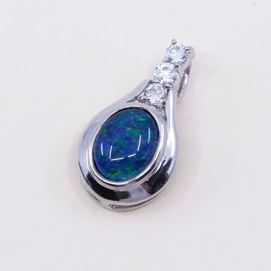 Vintage sterling 925 silver handmade pendant with opal and cz
