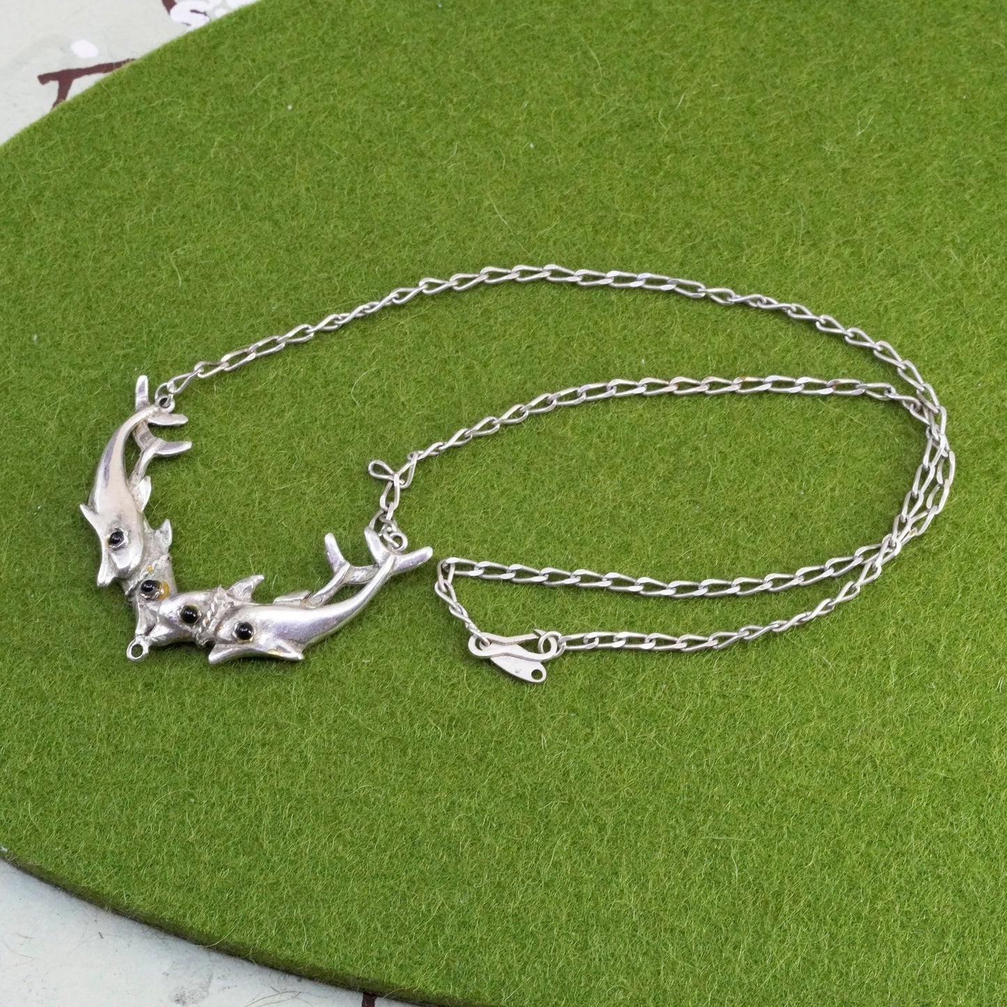 17”, sterling 925 silver handmade necklace, curb chain with dolphins pendant