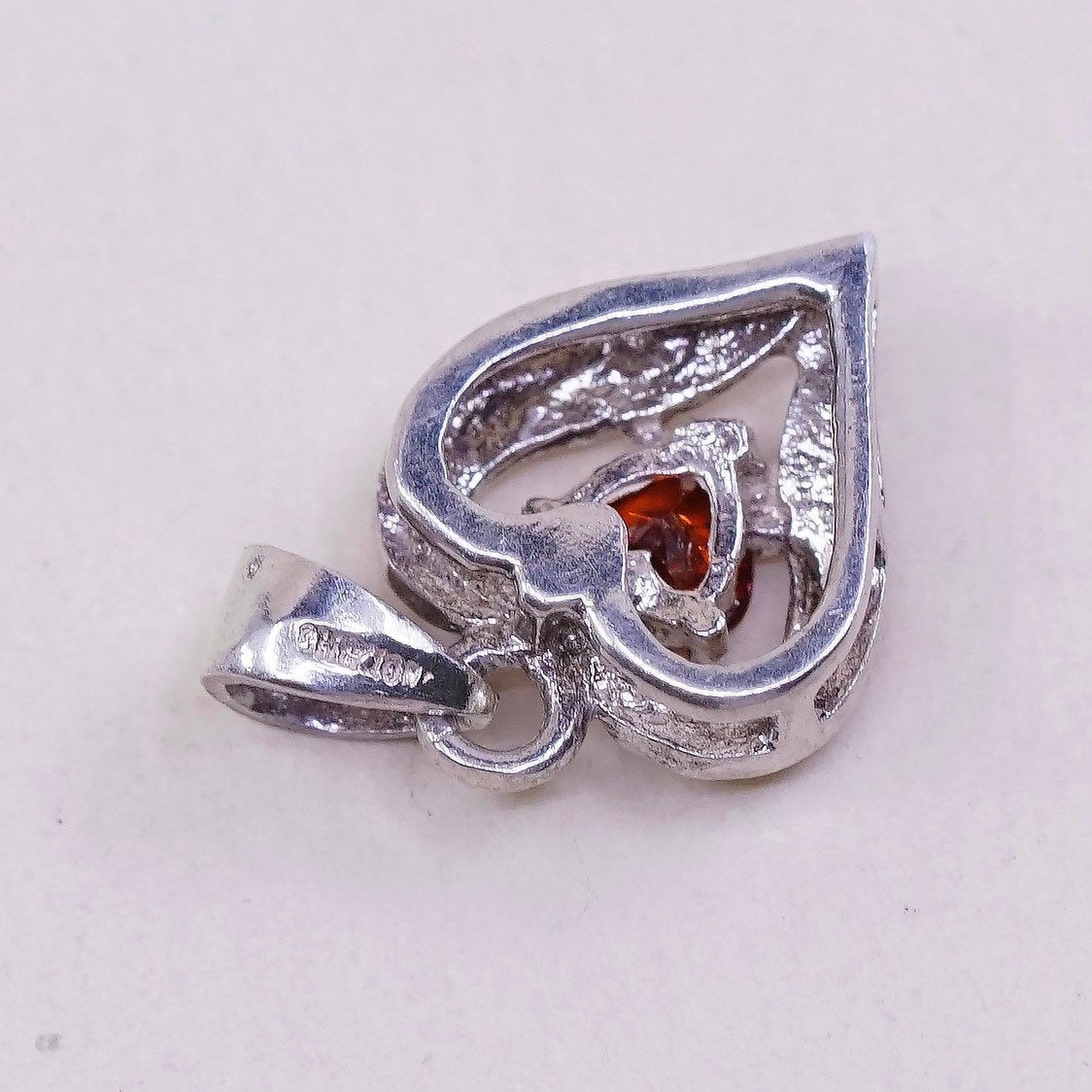 VTG sterling silver pendant, 925 silver heart pendant with ruby