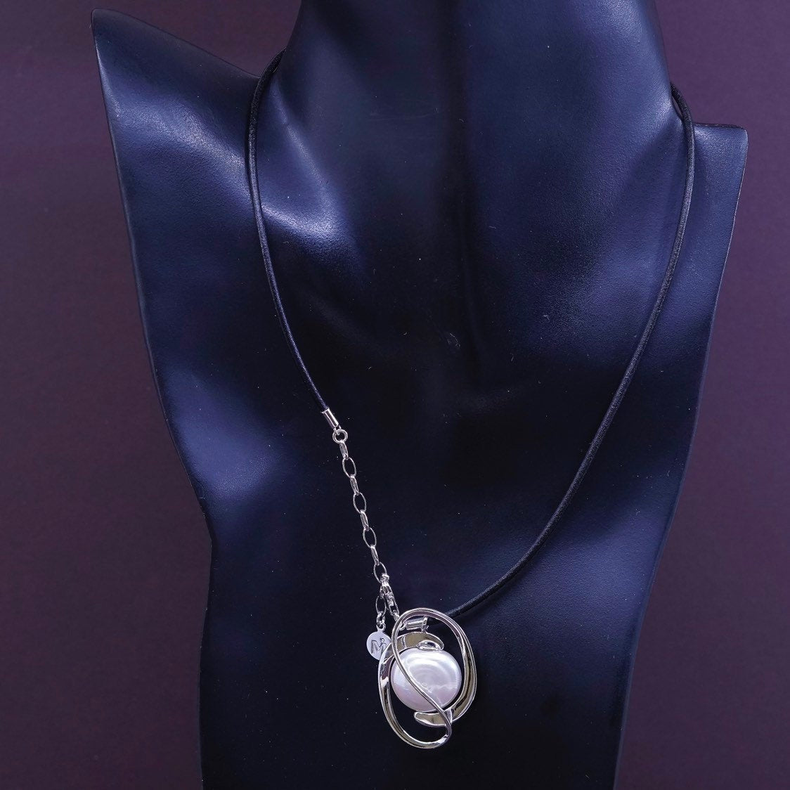 15+2", Sterling silver handmade necklace, 925 pearl Pendant w/ leather chain