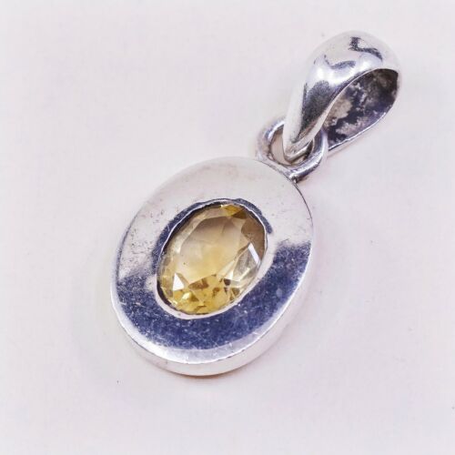 Vtg Handmade Sterling Silver 925 Pendant, Solid 925 Silver W/ Oval Citrine