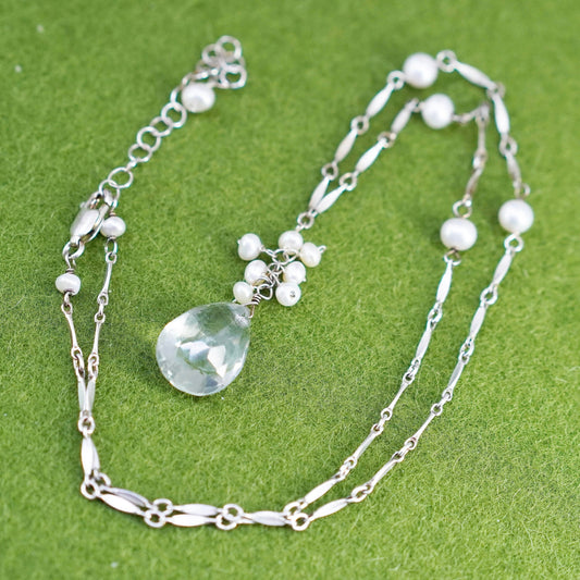 16+2”, sterling silver necklace, flatten bone chain pearl crystal pendant