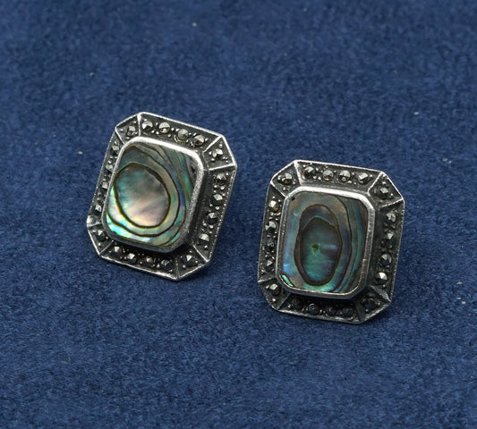 vtg sterling silver handmade earrings, 925 studs w/ abalone N marcasite