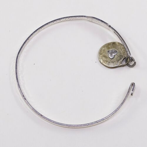 8”, Vtg Antique Silver Tone Bracelet Bangle With Brass Heart Charm