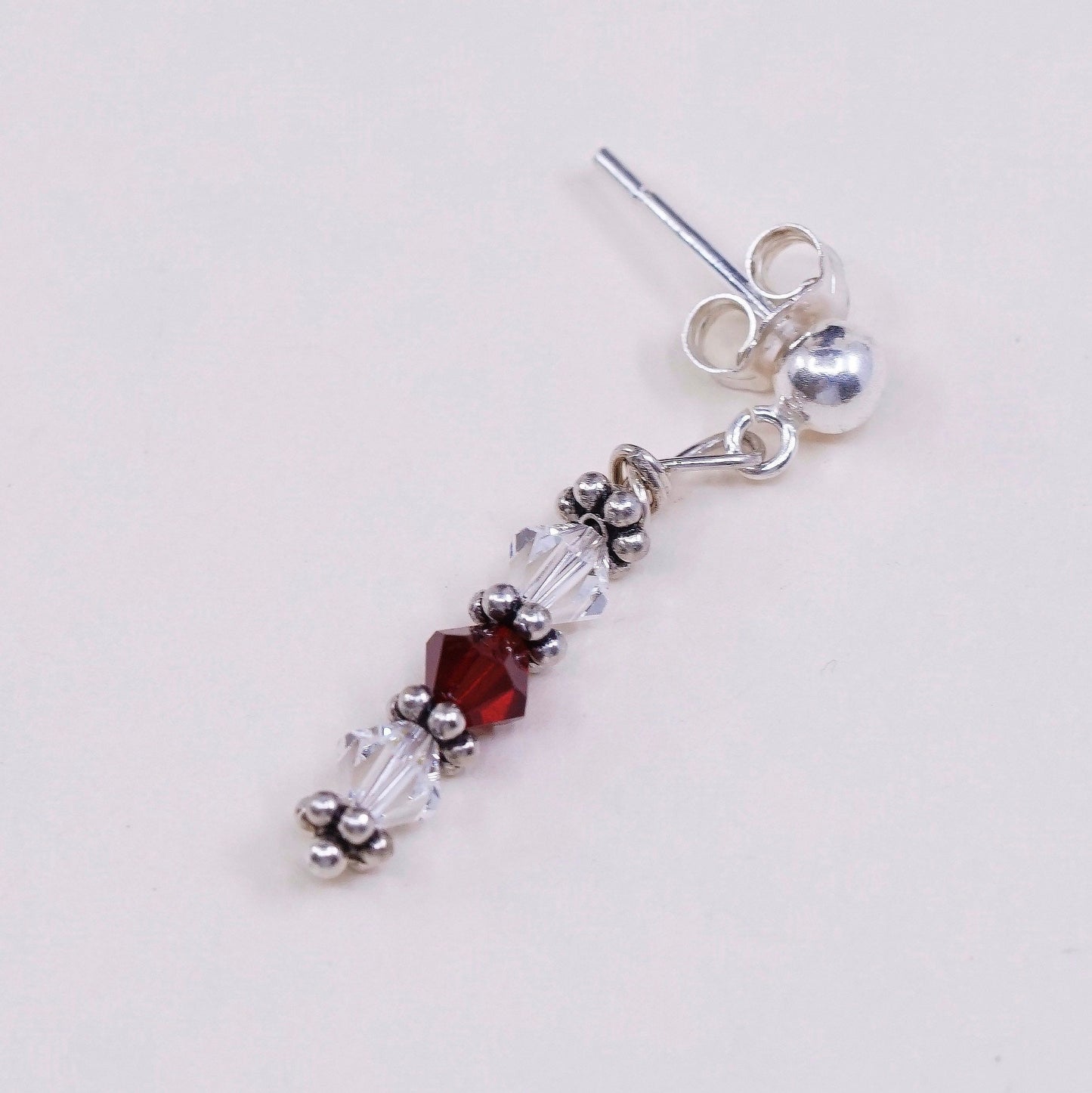 vtg Sterling silver handmade earrings, 925 w/ red Crystal beads, stamped 925