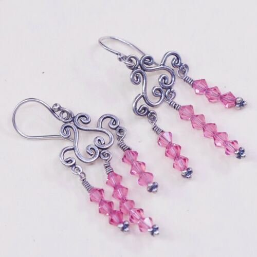 Vtg Sterling 925 silver Handmade Swirly Heart earrings w/ Pink Crystal Dangles