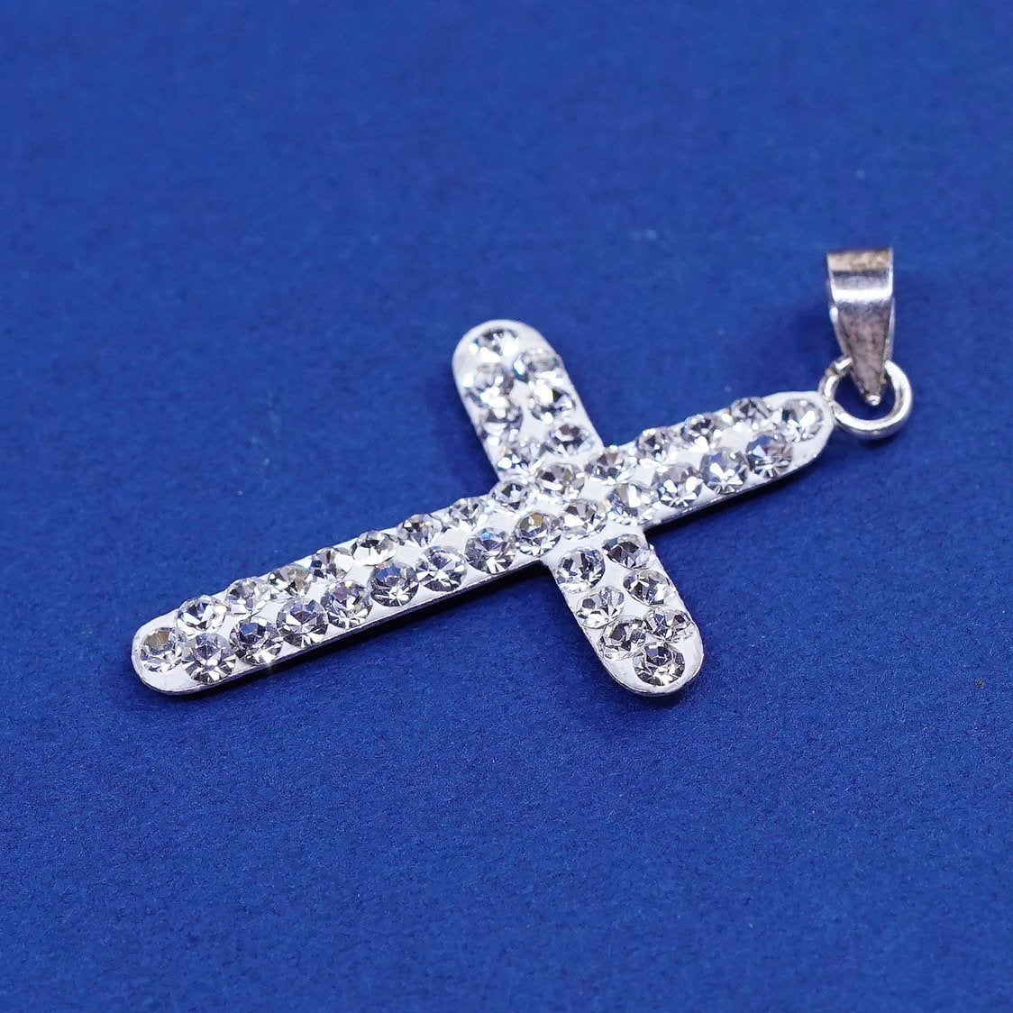 vtg Sterling silver handmade pendant, 925 cross w/ crystal, stamped 925