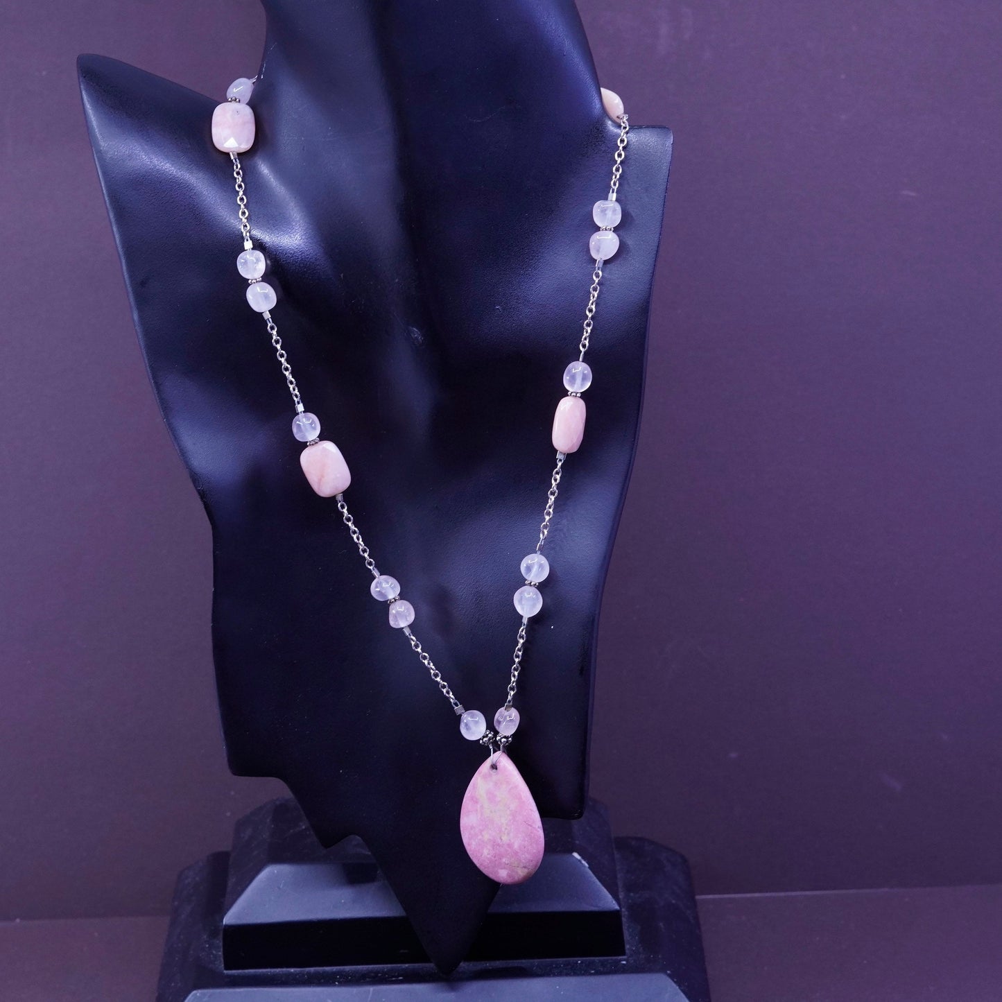 20”, sterling silver necklace, 925 circle chain teardrop rose quartz pendant