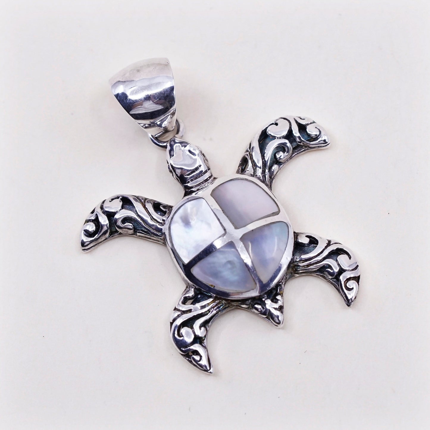 vtg sterling silver handmade pendant 925 filigree sea turtle w/ mother of pearl