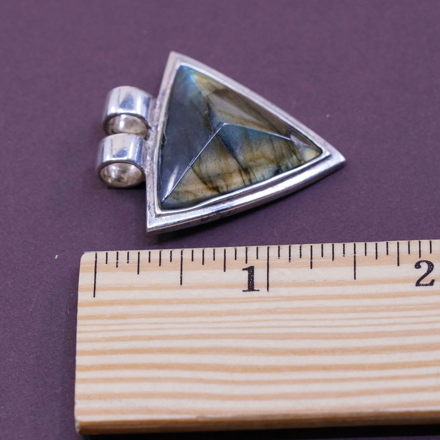 vtg Sterling silver handmade pendant, geometrical 925 w/ labradorite