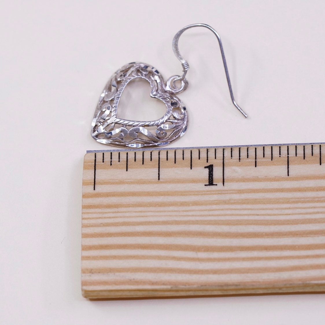 vtg sterling silver handmade earrings, solid 925 silver heart with filigree