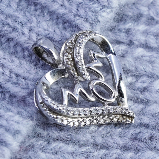 Vintage sterling 925 silver heart pendant with cluster diamond and mom