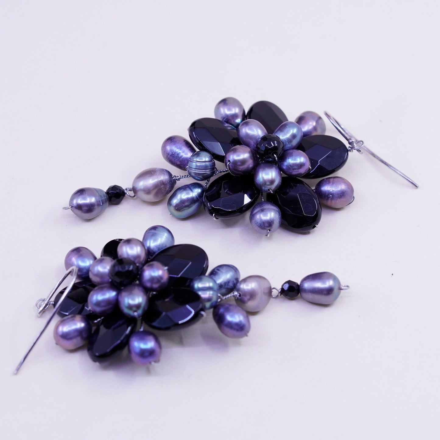 Vintage Soms Sterling 925 silver handmade earrings with flower pearl obsidian