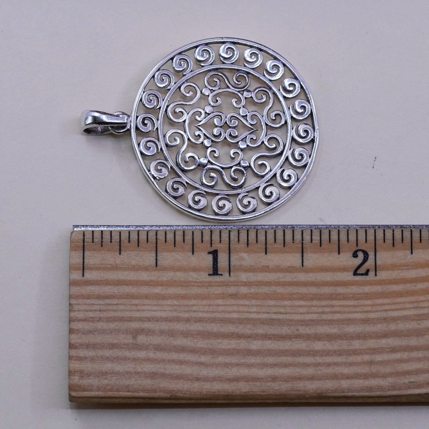 Vintage Sterling silver handmade pendant, 925 circle with Bali filigree details