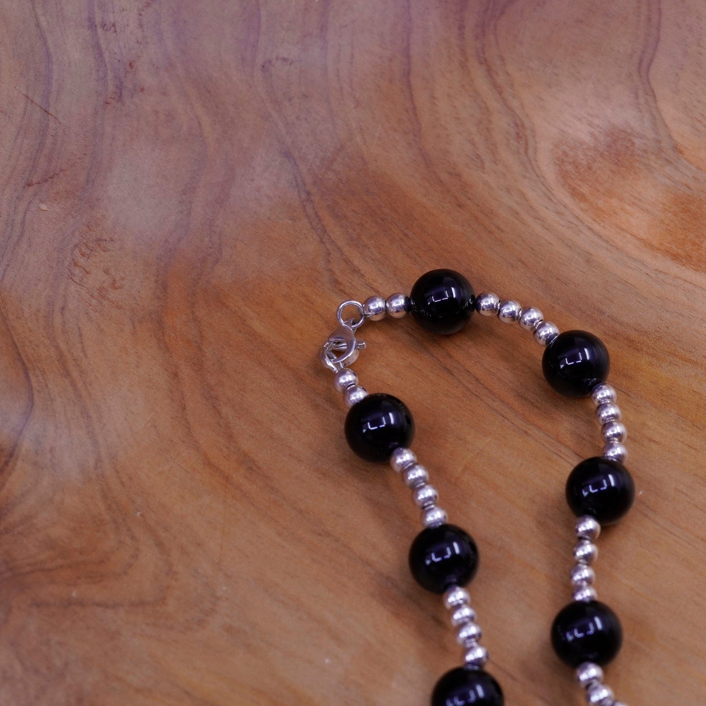 24” vintage sterling 925 silver handmade necklace with obsidian beads