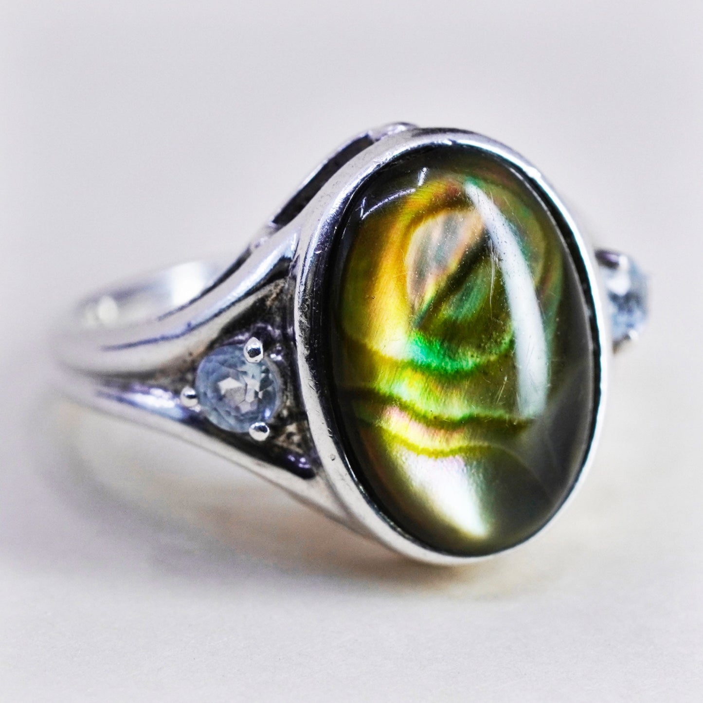 Size 6.25, Vintage sterling 925 silver handmade ring with oval abalone topaz