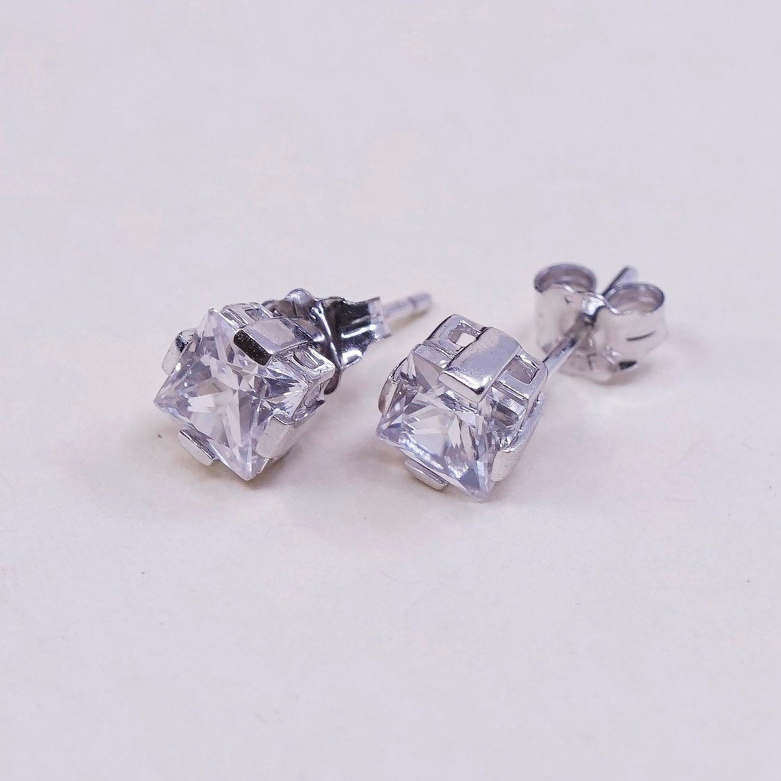 VTG sterling silver square clear CZ studs, fashion minimalist earrings