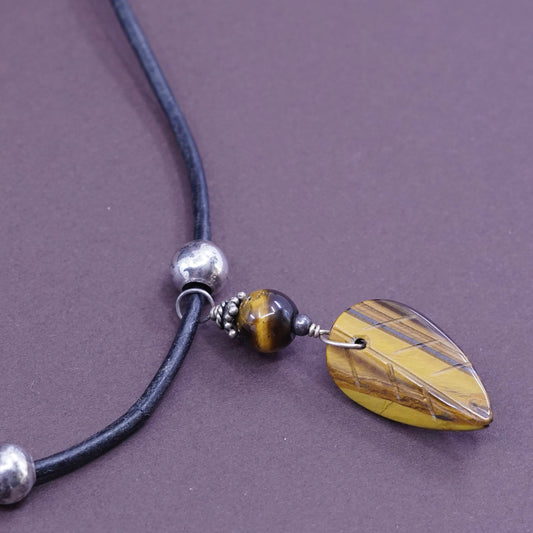 16”, Sterling 925 silver handmade necklace, tiger eye Pendant w/ leather chain