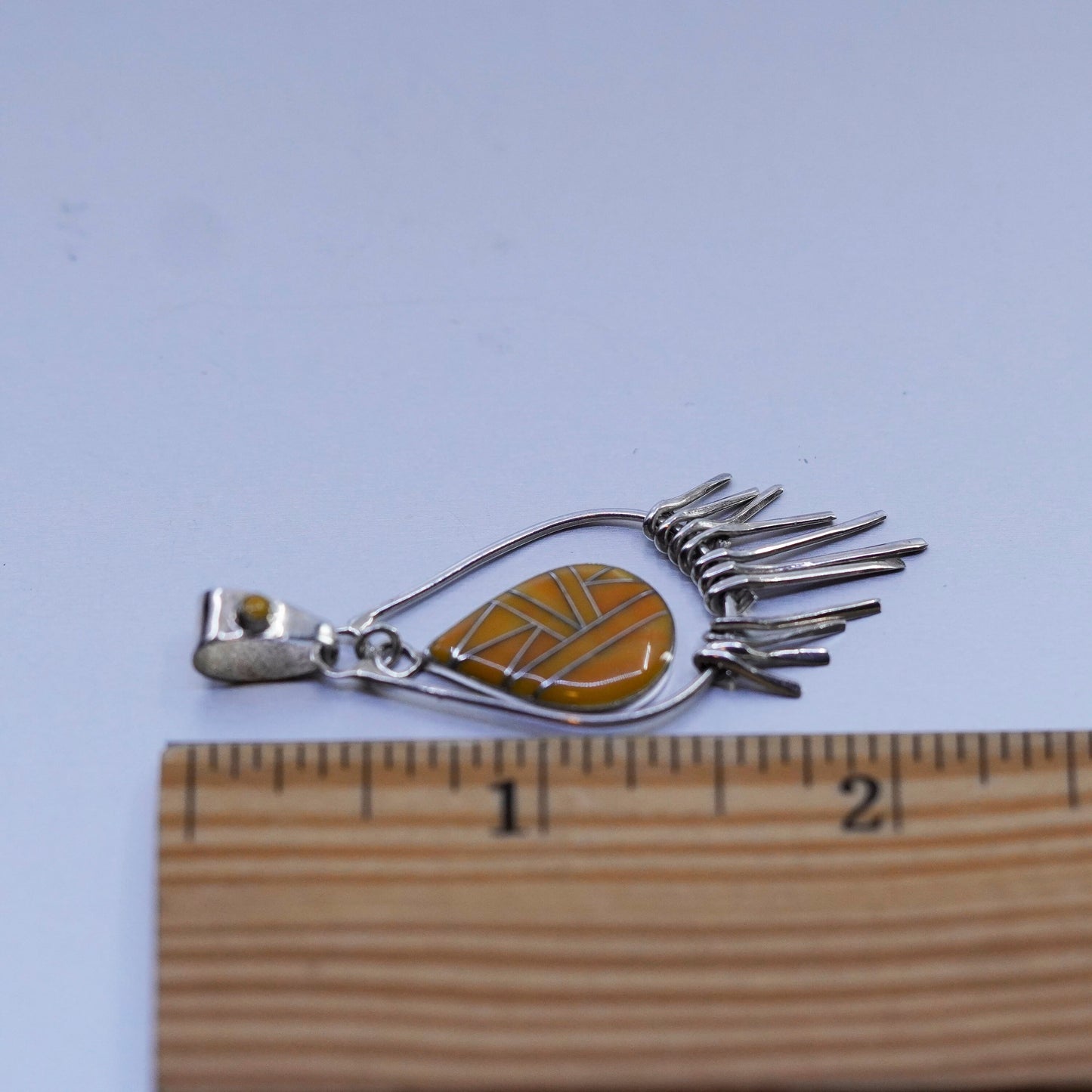 Native American zuni sterling 925 silver pendant with golden agate and fringe