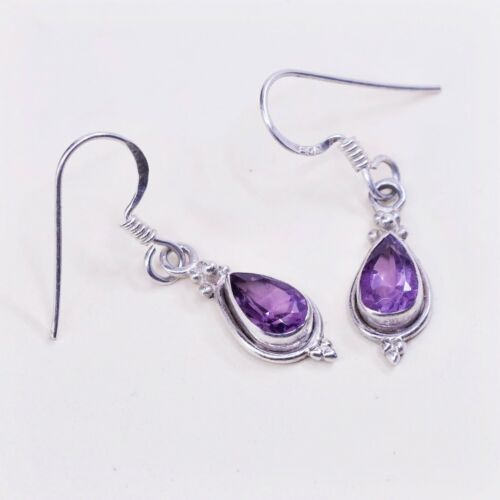 vtg sterling silver handmade earrings, 925 w/ teardrop amethyst drops