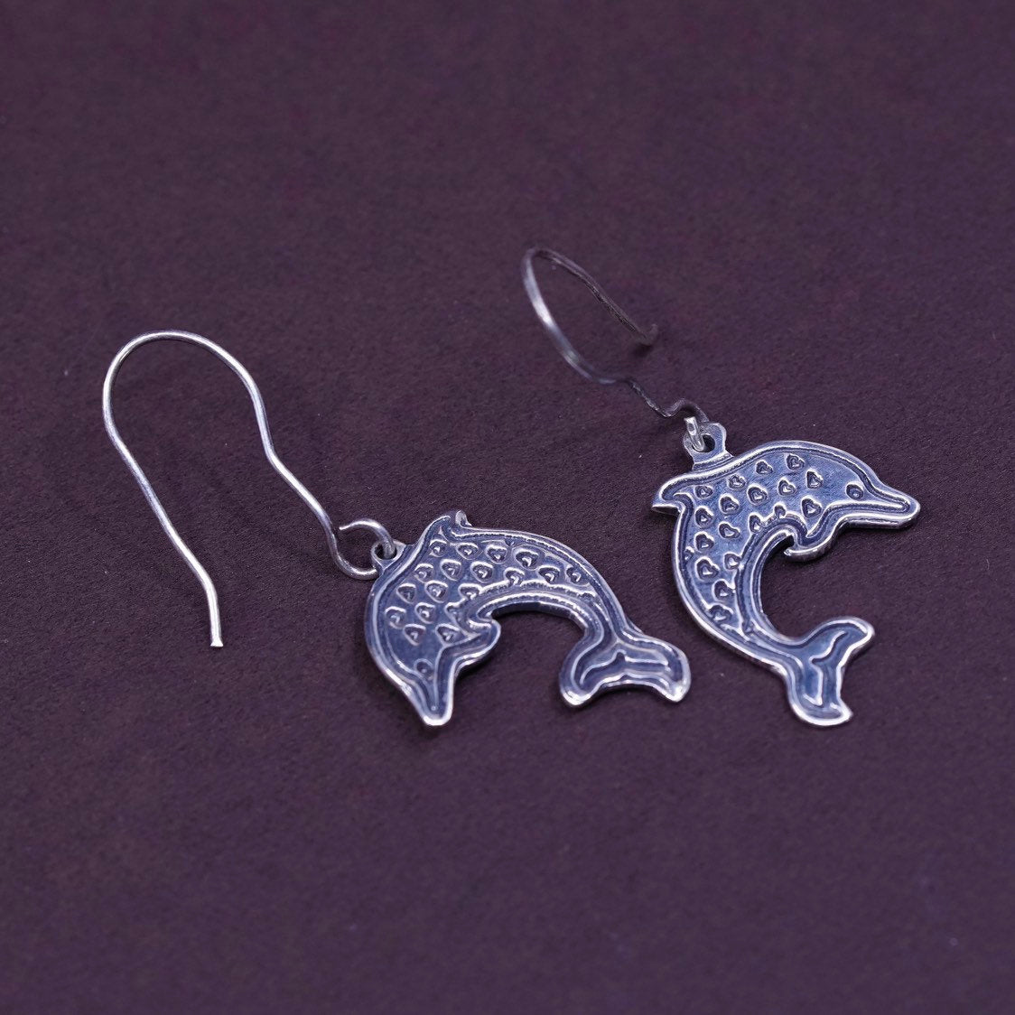 VTG Sterling silver handmade earrings, 925 dolphin dangle, mexico 925 EFS