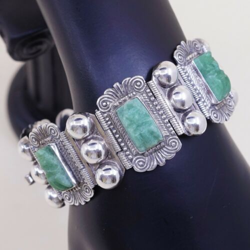 6.5” Vtg Plath Sterling Handmade Bracelet, Taxco 925 Silver W/ Jade Warrior Face