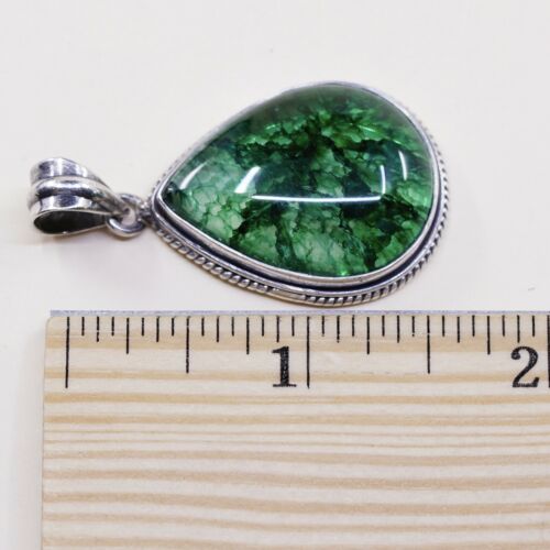 Vintage Sterling silver handmade pendant, 925 with and Green Cracked crystal