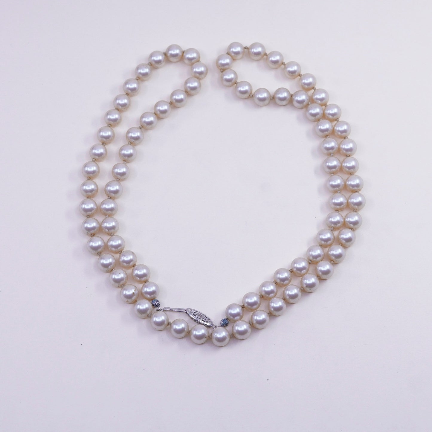 28”, Vintage faux pearl beads necklace chain with sterling 925 silver clasp