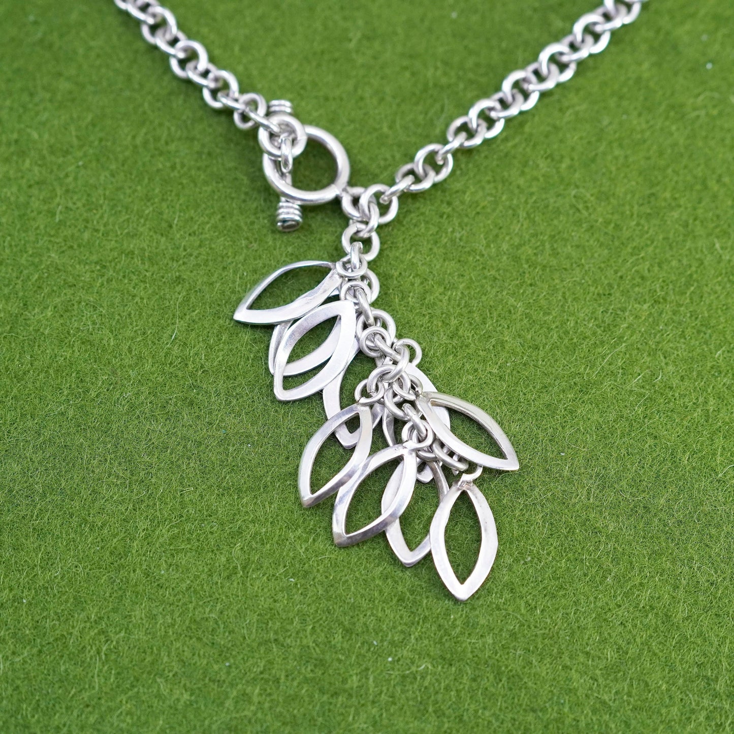 17”, sterling silver necklace, 925 handmade bold circle link chain leafy charms