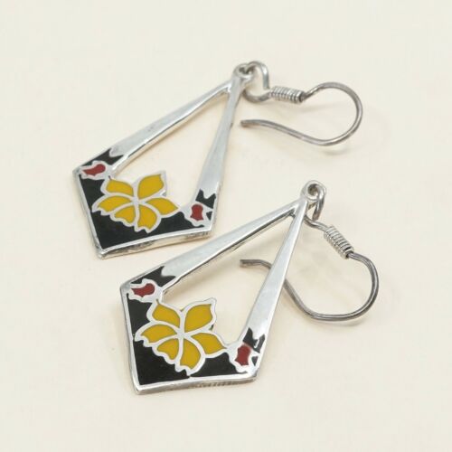 Vtg Sterling Earrings, Mexico 925 Silver Enamel Yellow Flower, Stamped TS-72