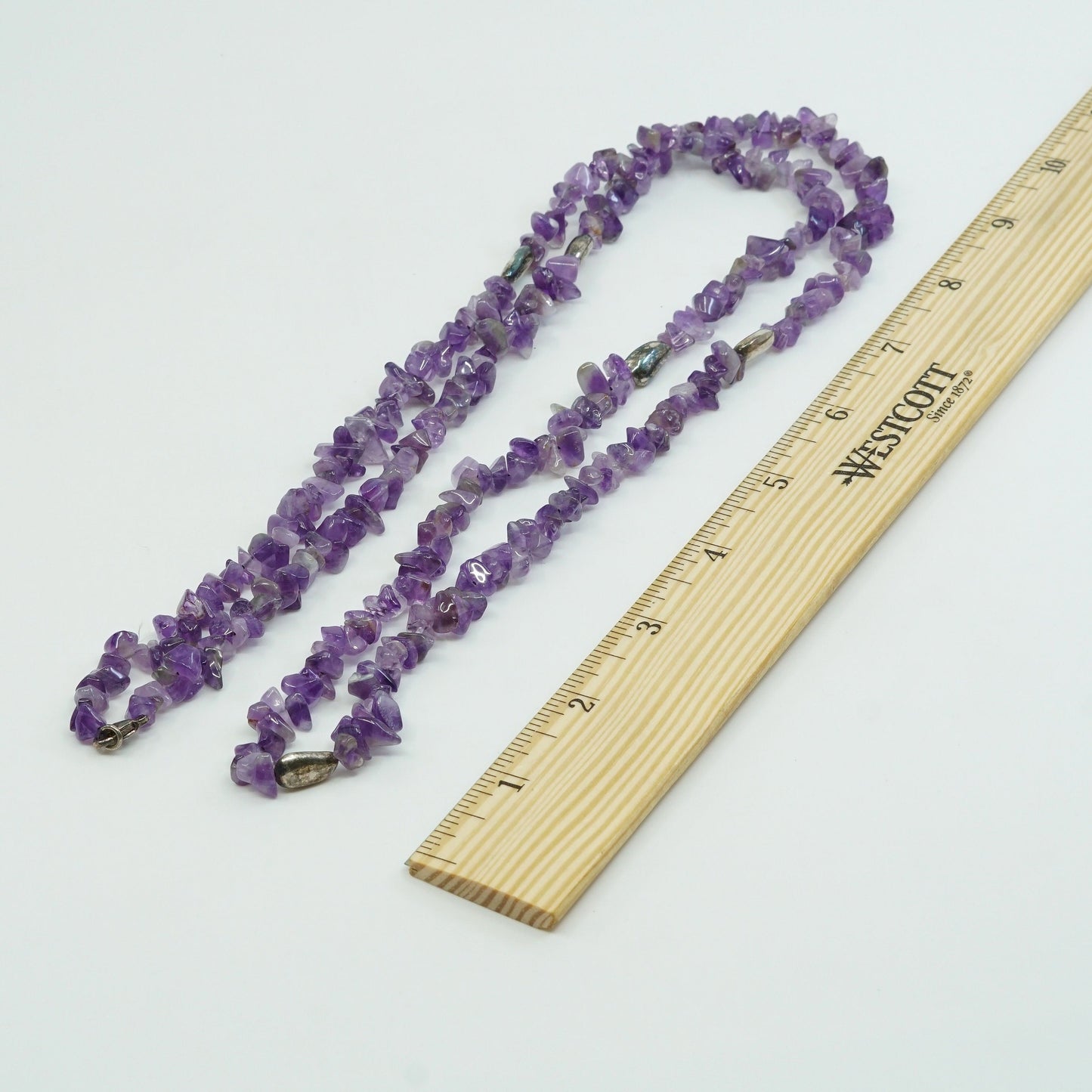 40”, vtg sterling silver handmade necklace, amethyst N 925 nugget beads