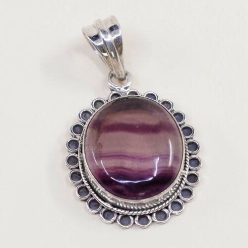 Vtg Sterling silver handmade pendant, solid 925 silver w/ fluorite, stamped 925