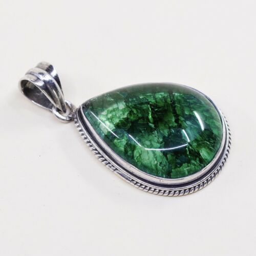 Vintage Sterling silver handmade pendant, 925 with and Green Cracked crystal