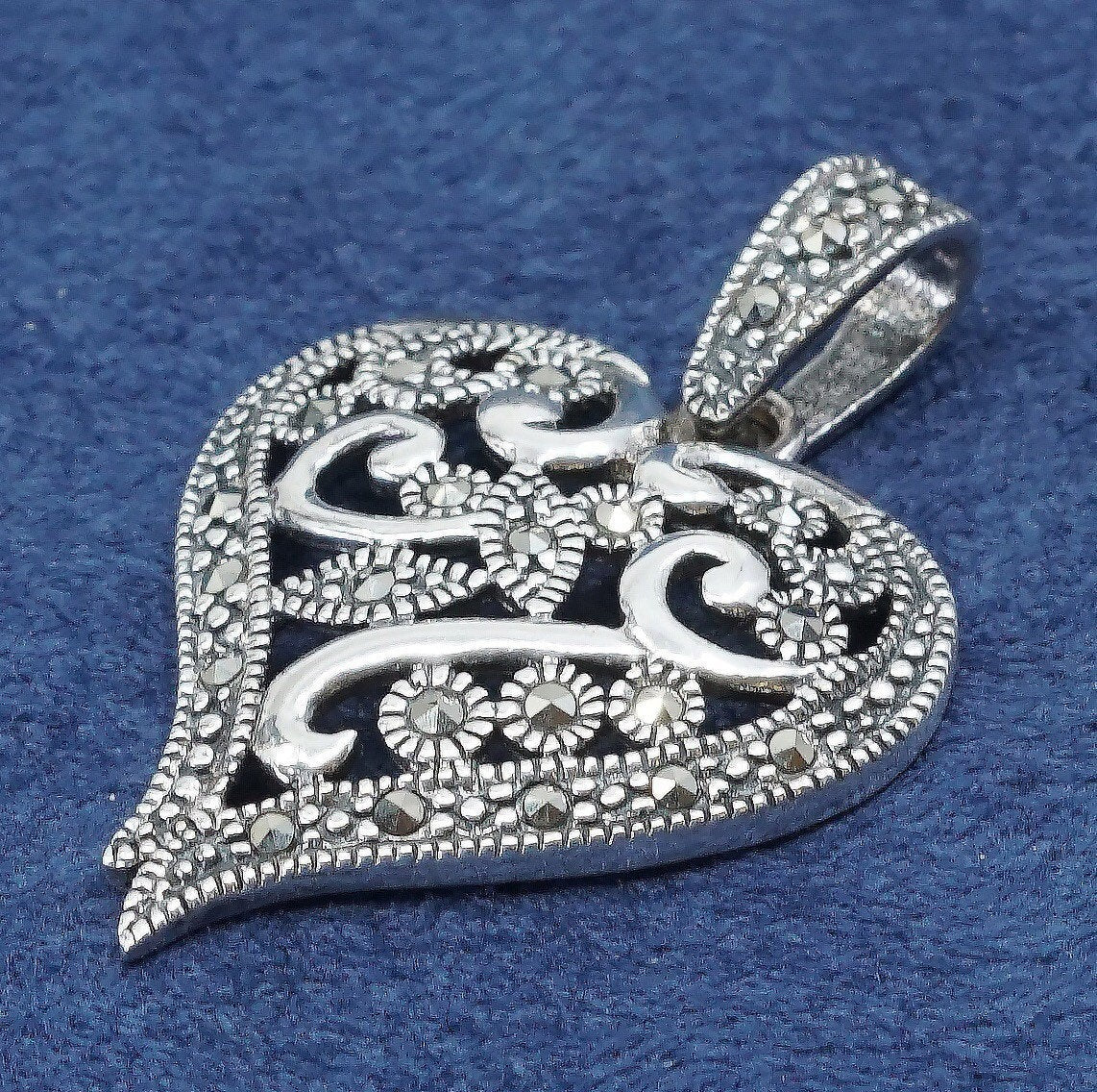 vtg Sterling silver handmade pendant, 925 heart w/ marcasite