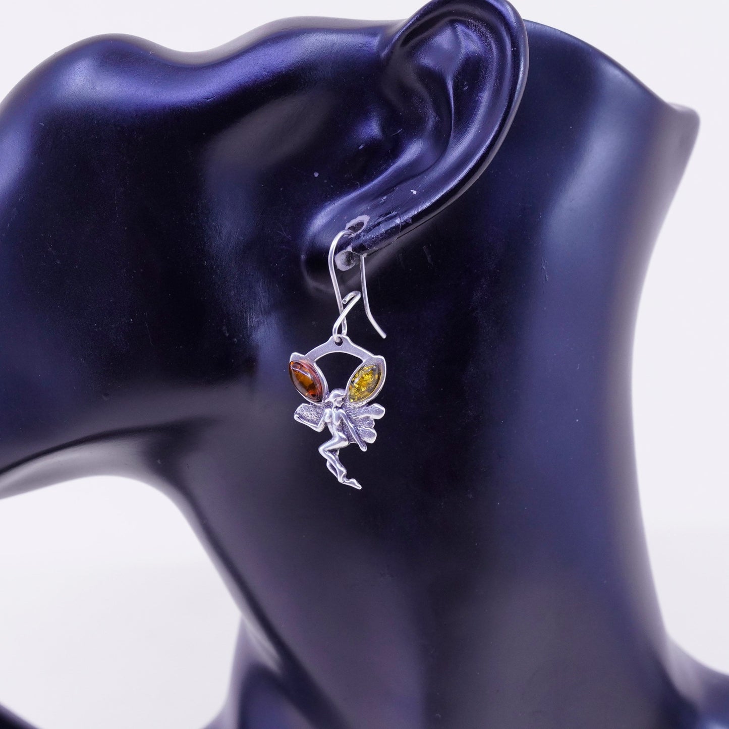 Vintage Sterling silver handmade earrings, 925 fairy with amber