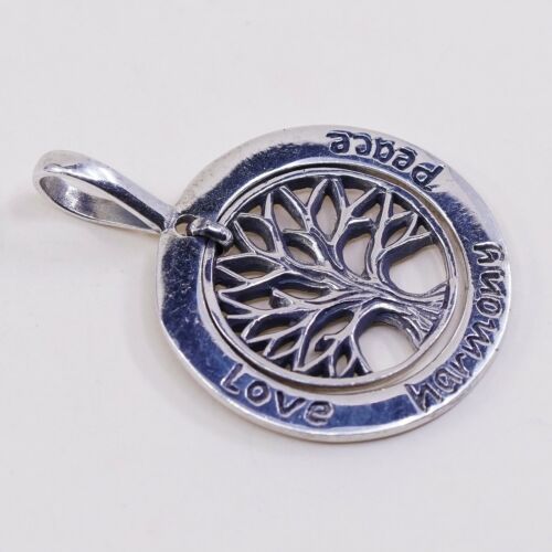 Vtg Sterling Silver Pendant, 925 Filigree tree Charm Embossed Love Harmony Peace