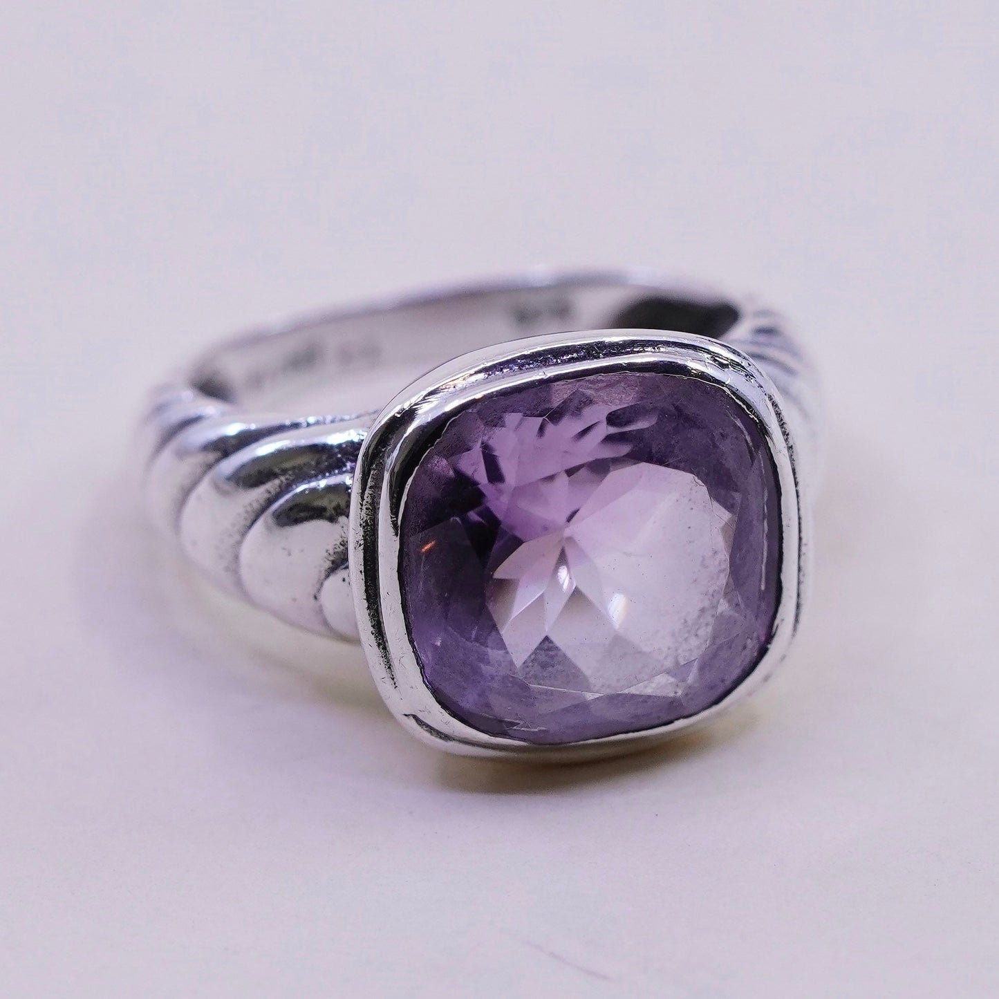 Size 6.5, vintage Sterling silver handmade ring, 925 band checker cut amethyst