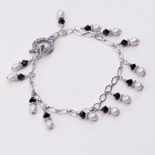 6.75”, vtg Sterling 925 silver handmade bracelet, pearl beads with crystal
