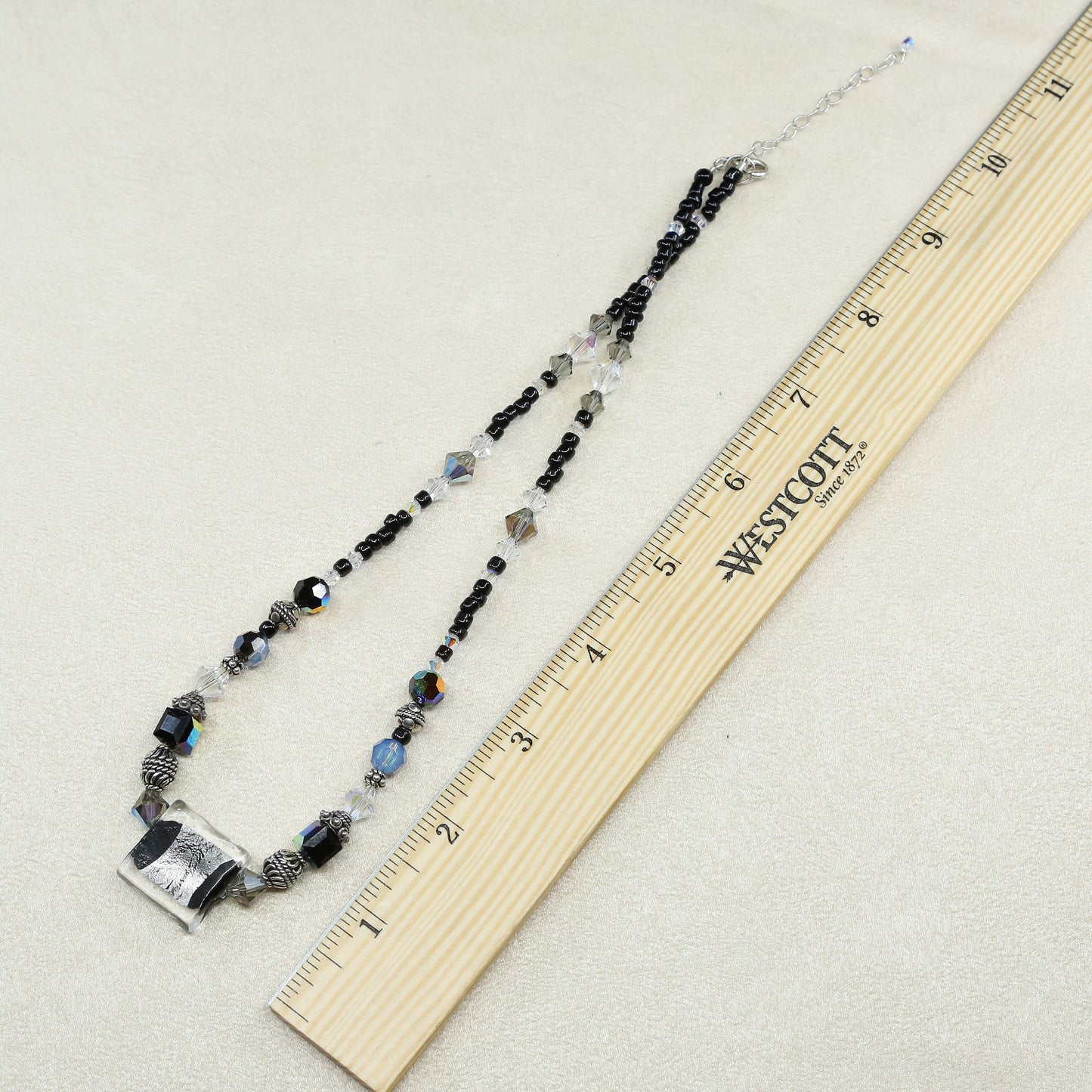 17"+2”, handmade obsidian beads necklace foiled glass N Sterling silver clasp